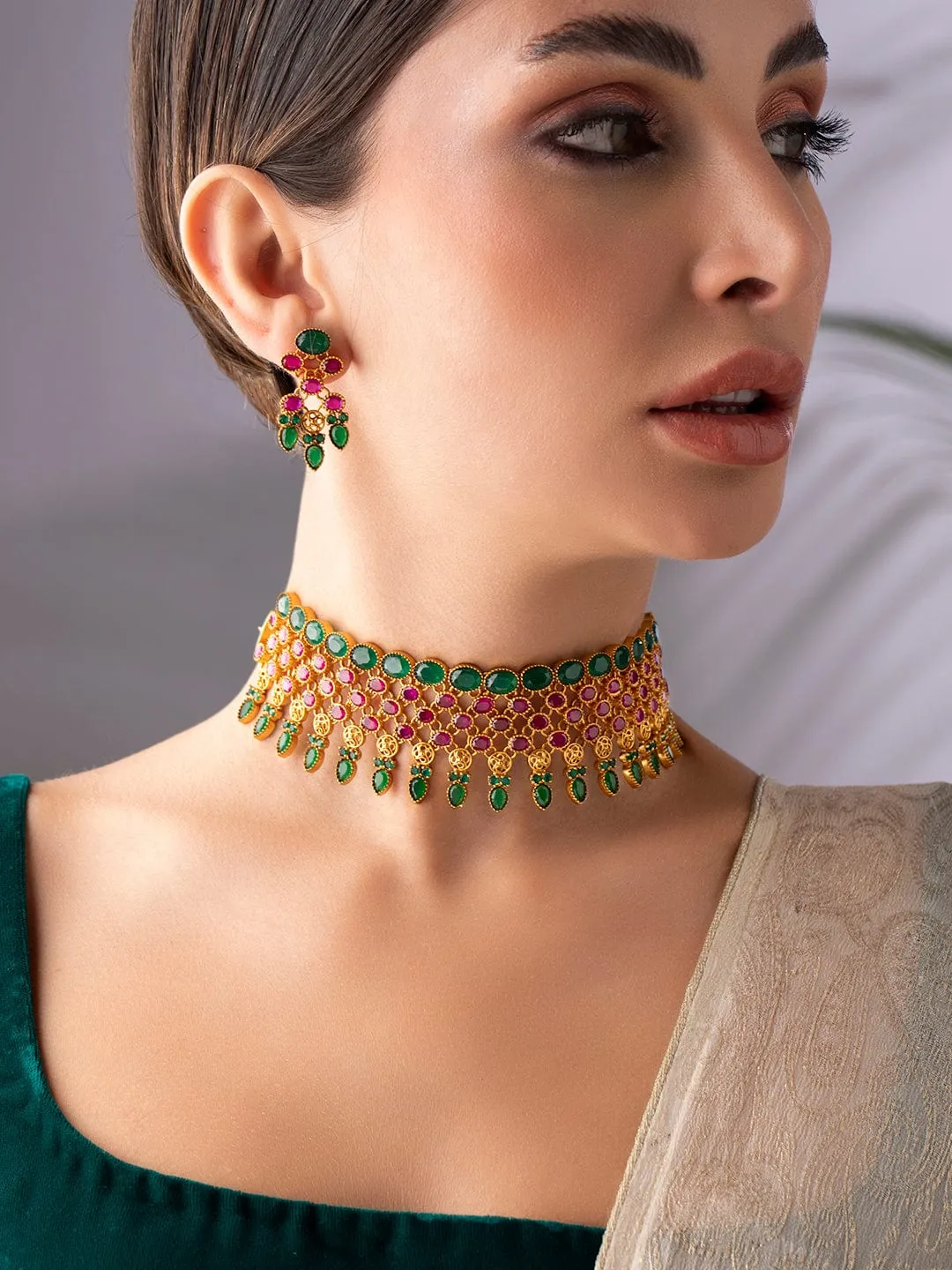 Rubans 24K Gold Plated Ruby and emerald studded Choker set.