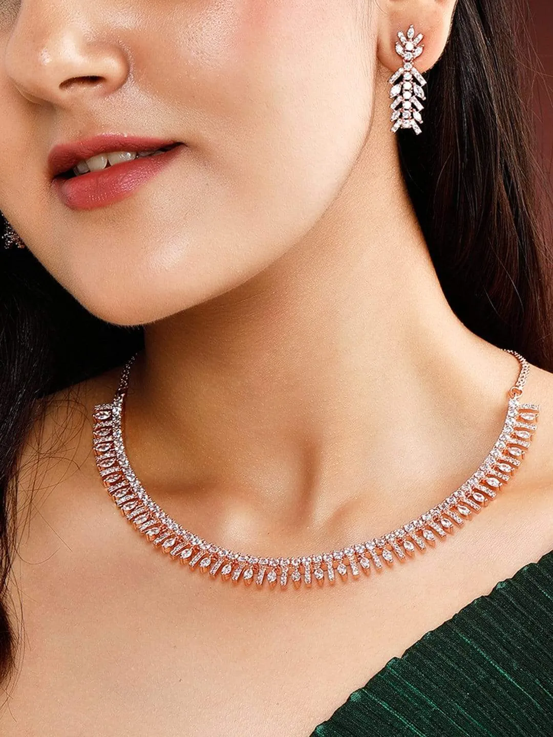 Rubans Rose Gold Plated Zirconia Stone Studded Handcrafted Necklace Set.