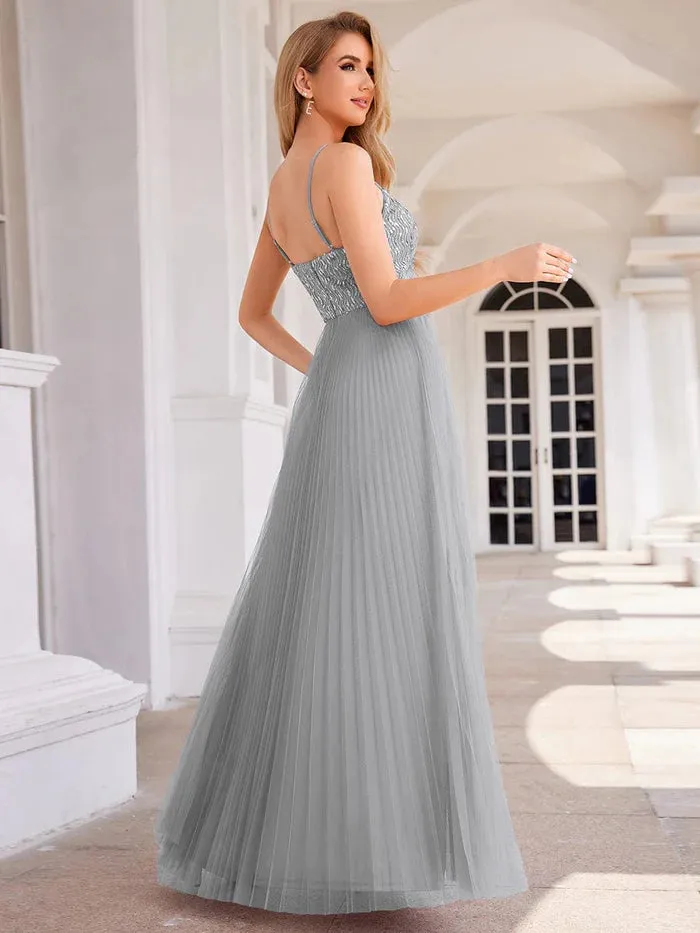 Sequin See Through V-Neck Sleeveless Tulle Evening Dress