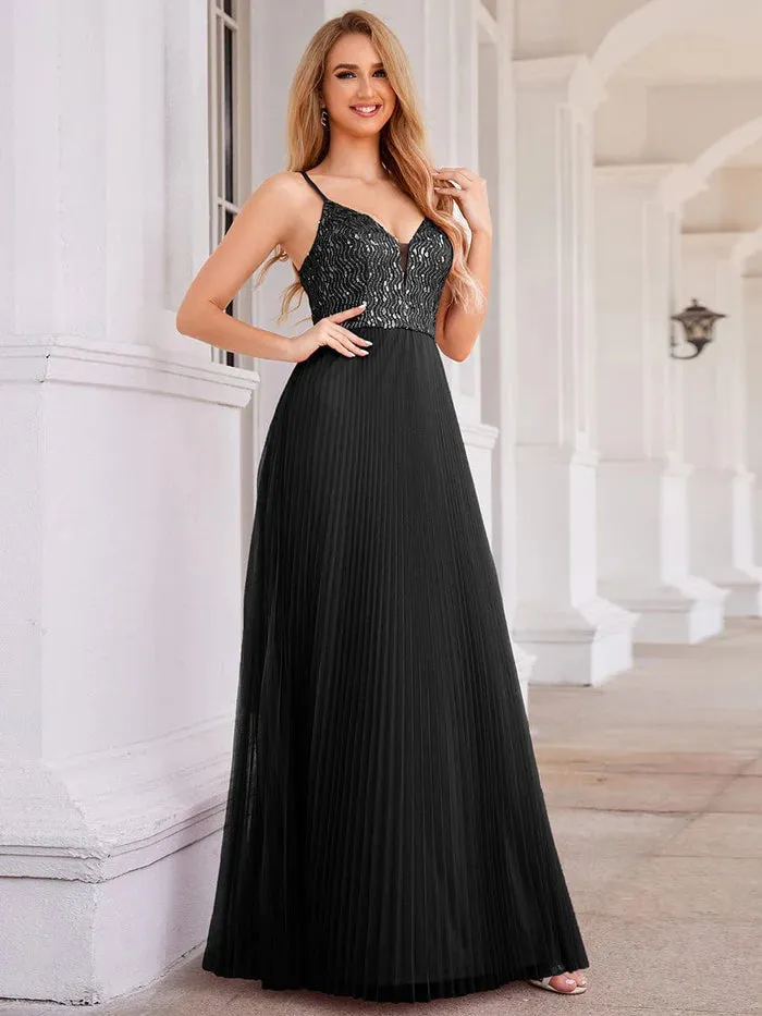 Sequin See Through V-Neck Sleeveless Tulle Evening Dress