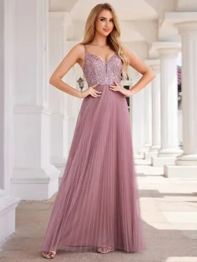 Sequin See Through V-Neck Sleeveless Tulle Evening Dress