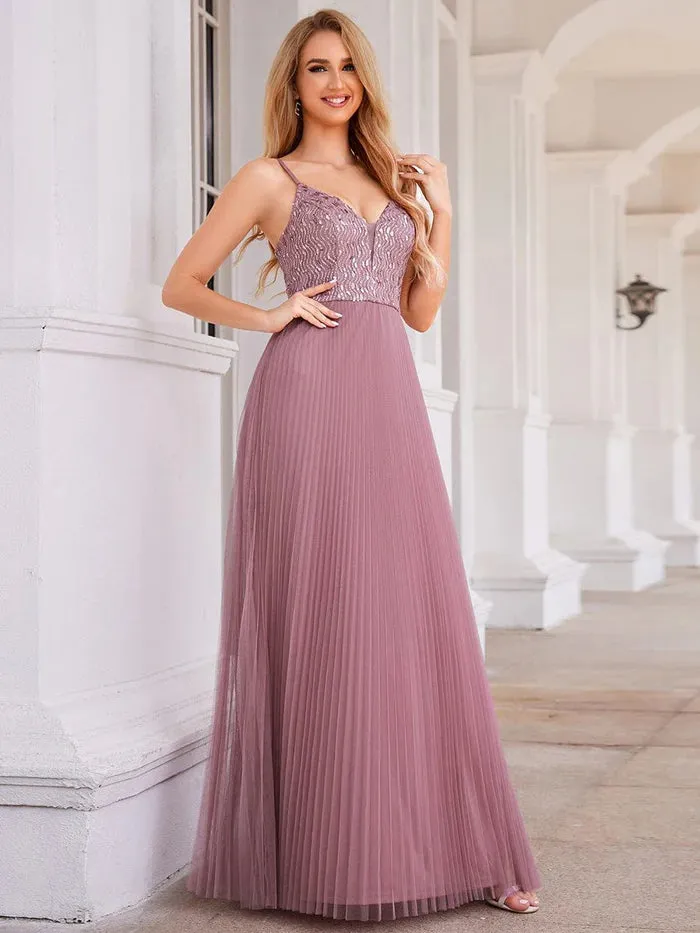 Sequin See Through V-Neck Sleeveless Tulle Evening Dress