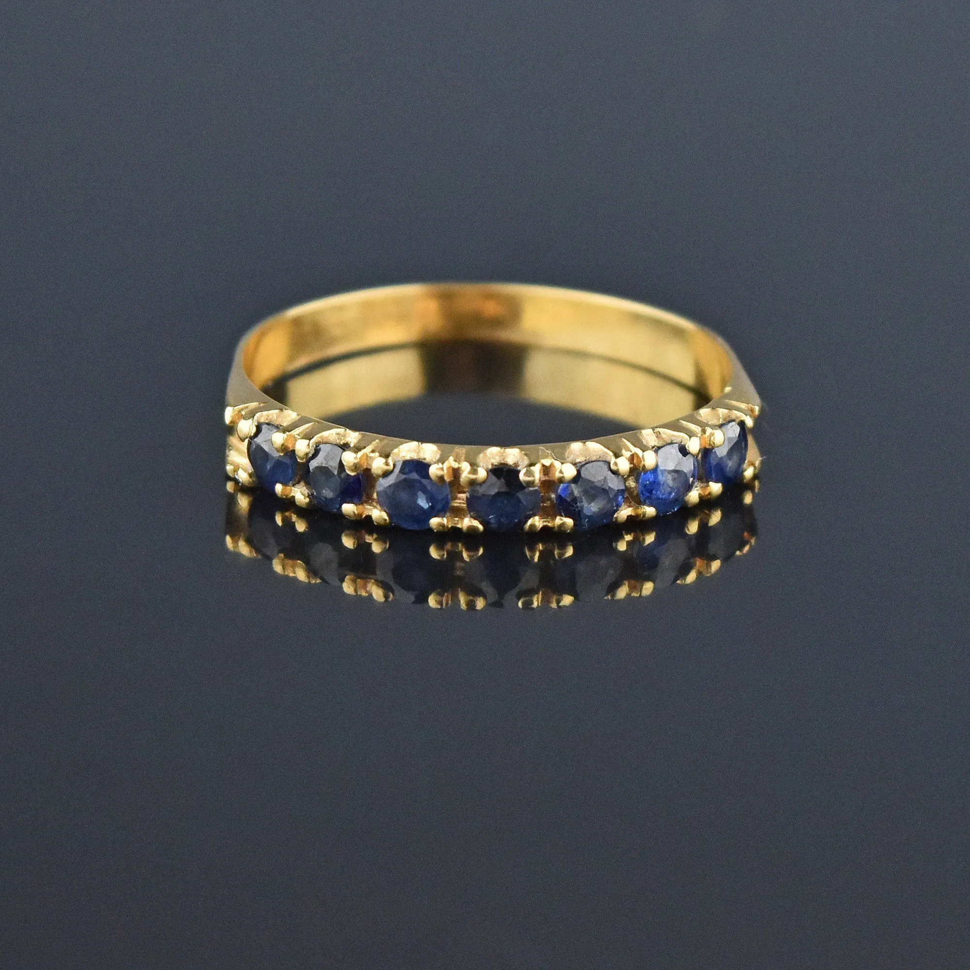 Seven Stone 18K Gold Half Eternity Band Sapphire Ring, Sz 8.5