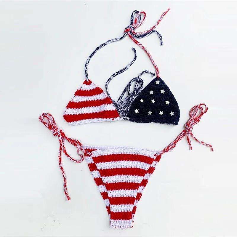 Sexy amerikanische Flagge handgefertigter Häkel-Badeanzug-Bikini