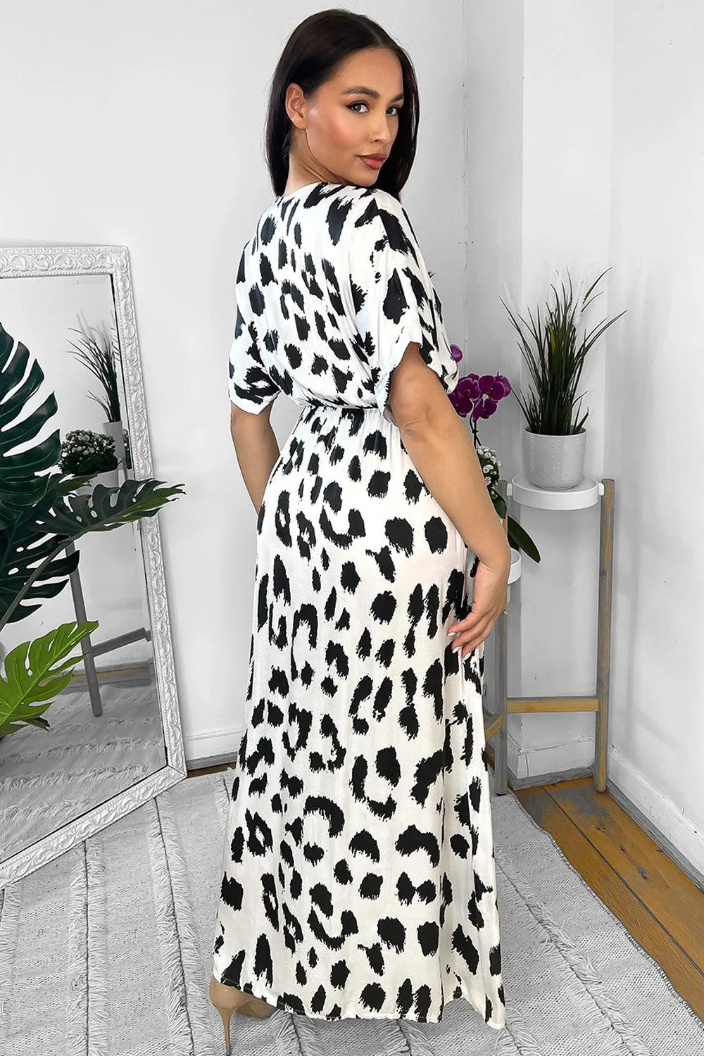 Silk Blend Black And White Snow Leopard Print Maxi Dress