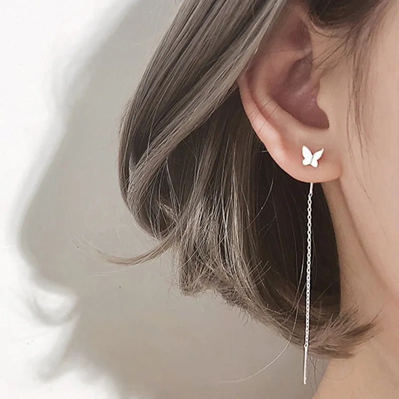 Silver Butterfly Long Tassel Drop Earrings