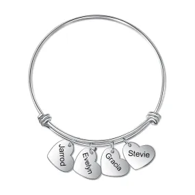 Stainless Steel Personalized Heart Charm Bracelet with 4 Engraving for Women Customized Cuff Bangles Anniversary Gift