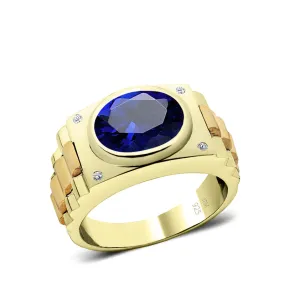 Sterling Silver Blue Sapphire Ring for Man Gold Plated Band with Natural Diamonds 25th Anniversary Gift