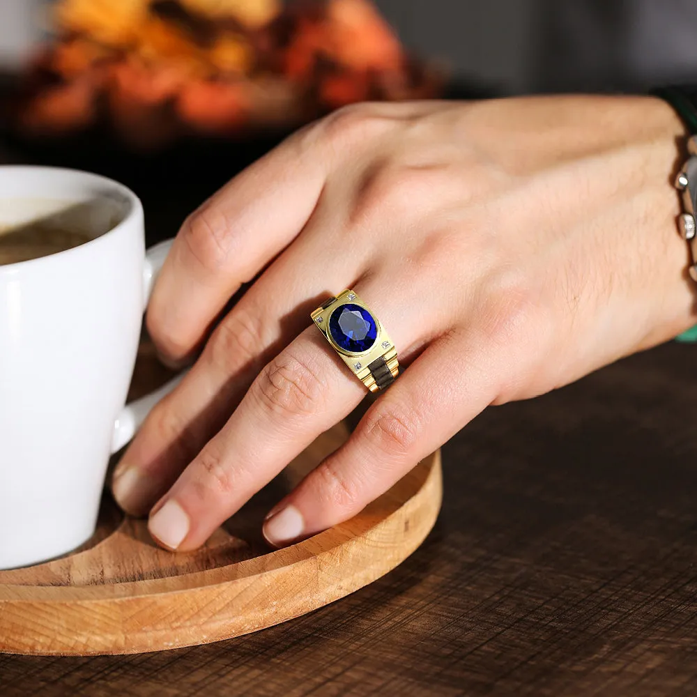 Sterling Silver Blue Sapphire Ring for Man Gold Plated Band with Natural Diamonds 25th Anniversary Gift