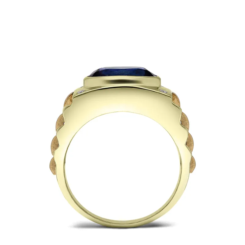 Sterling Silver Blue Sapphire Ring for Man Gold Plated Band with Natural Diamonds 25th Anniversary Gift