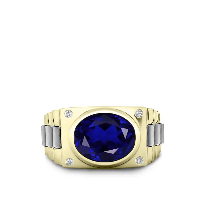 Sterling Silver Blue Sapphire Ring for Man Gold Plated Band with Natural Diamonds 25th Anniversary Gift