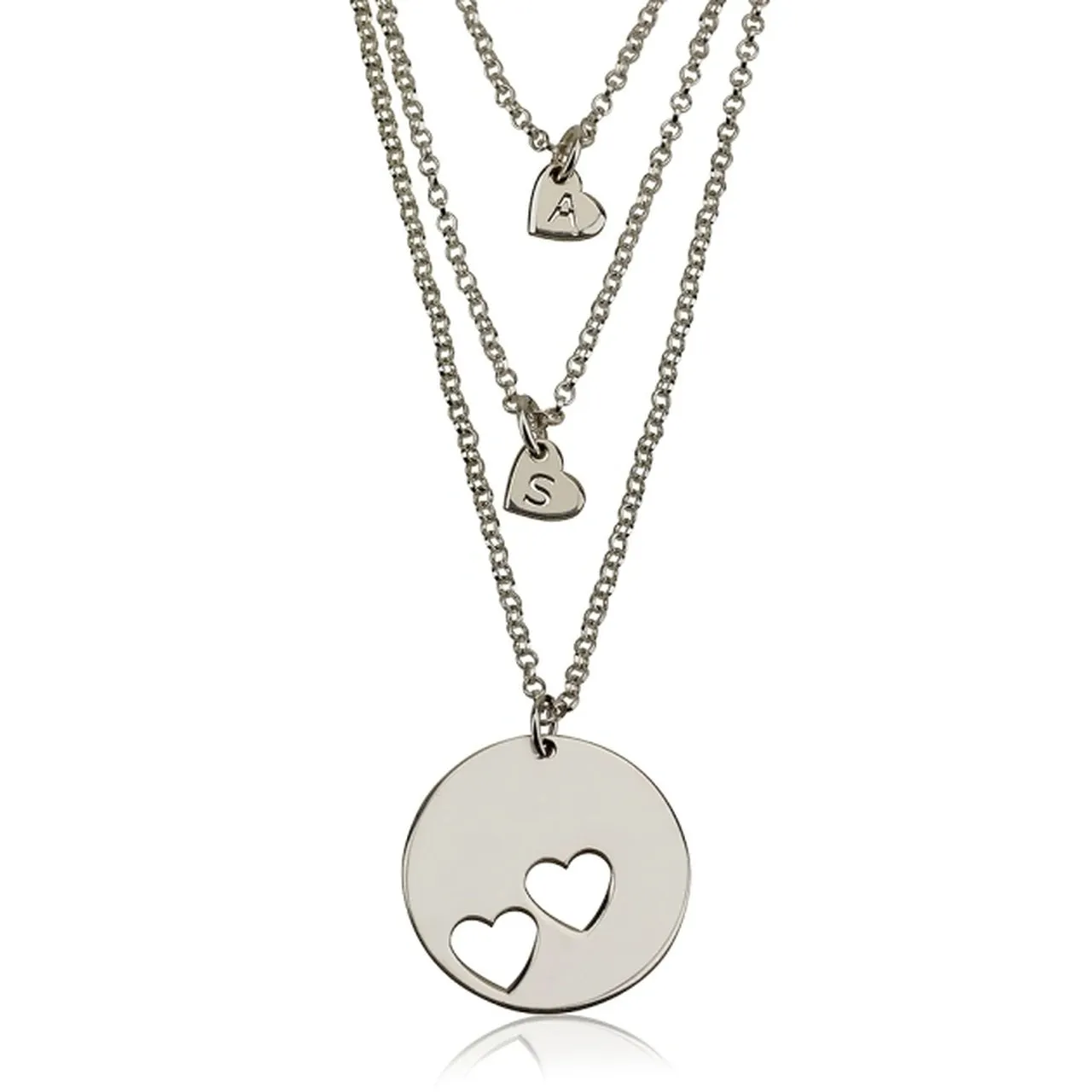 Sterling Silver Layered Cut Out Personalised Initial Hearts Necklace