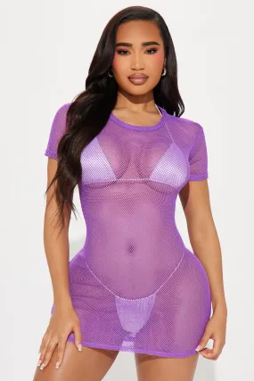 Summers By The Pool Fishnet Cover Up Top - Purple