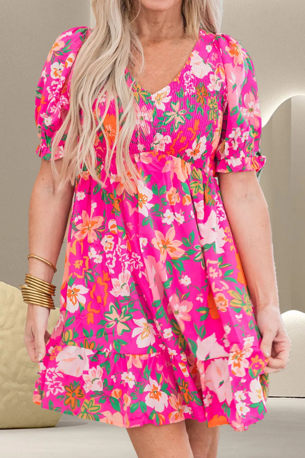 Sunset Vacation Smocked Printed V-Neck Short Sleeve Dress