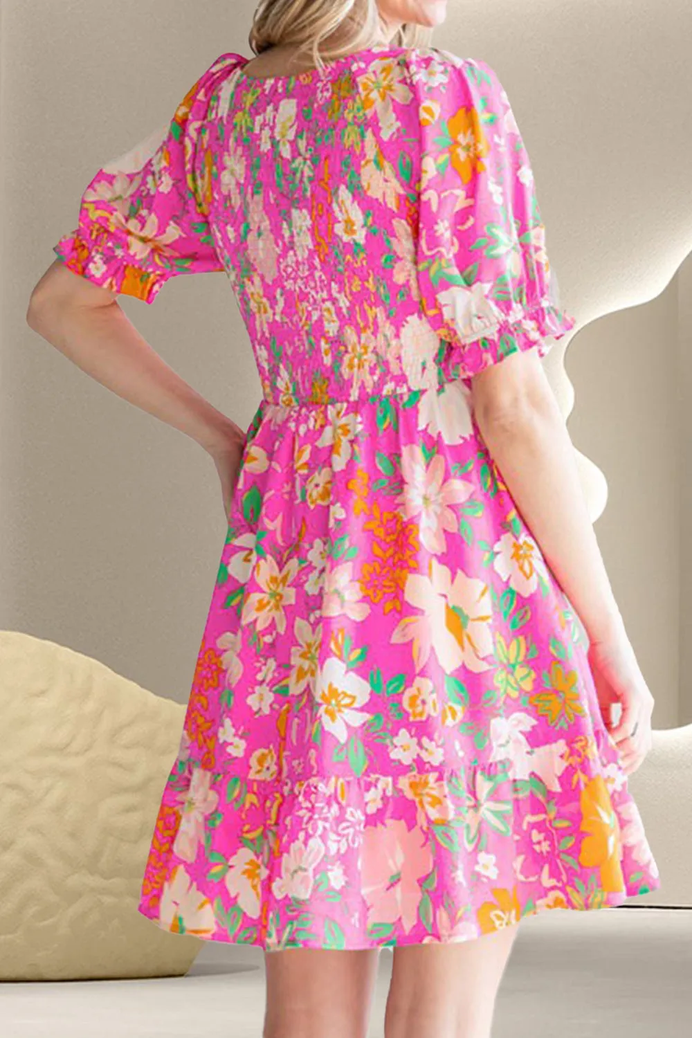 Sunset Vacation Smocked Printed V-Neck Short Sleeve Dress