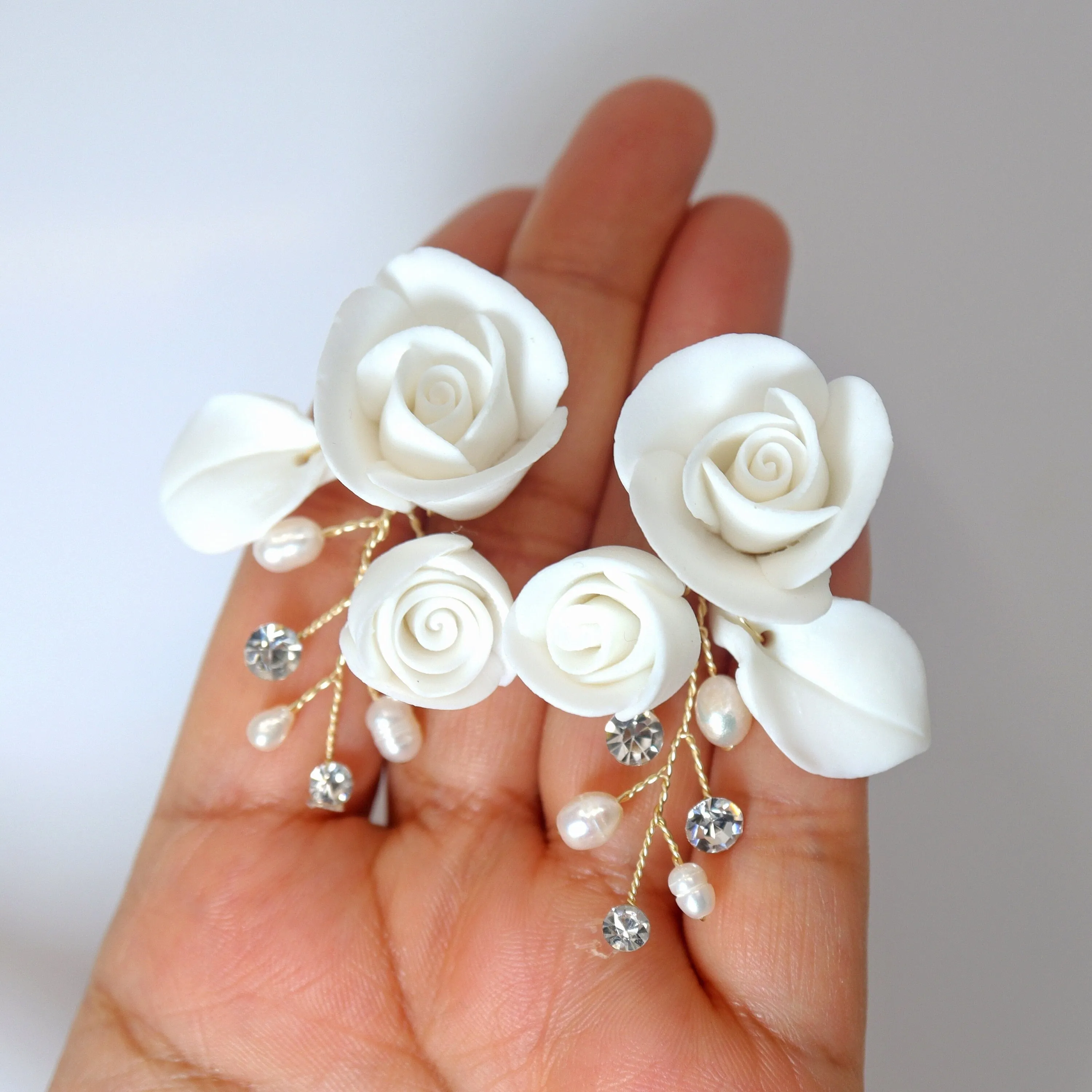 Swarovski Crystal Ceramic White Roses floral Bridal Earring, Bridal Earrings, Dangle earring, Natural Cultured Pearl Earring