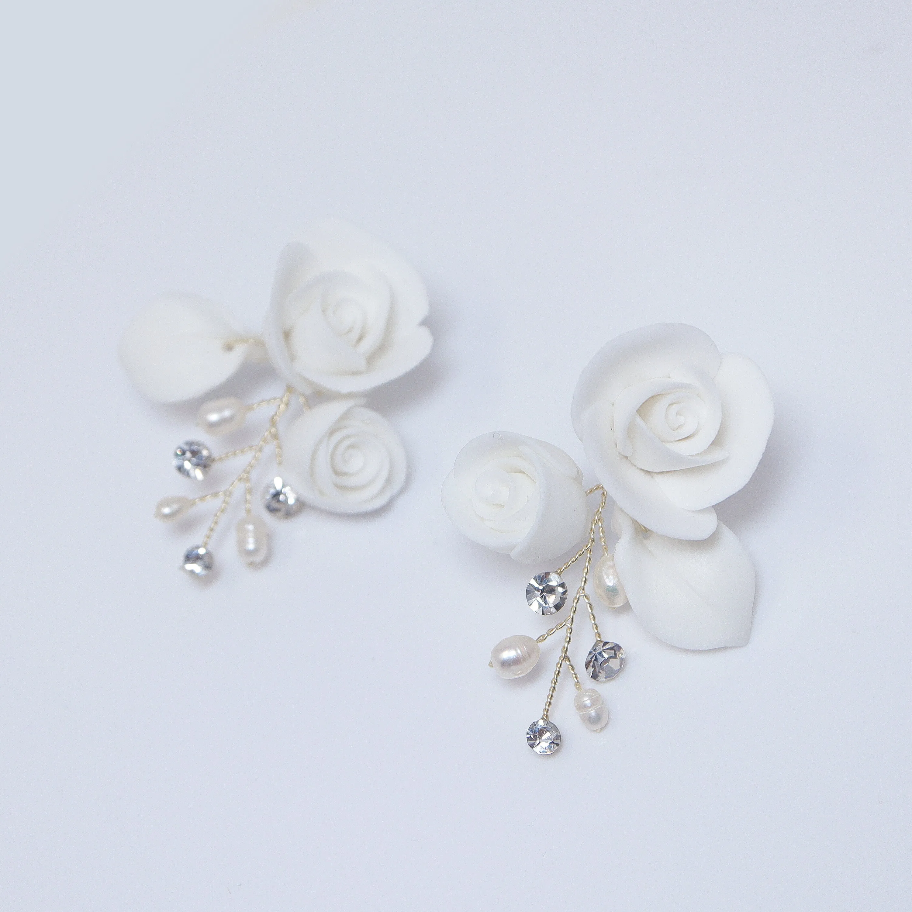 Swarovski Crystal Ceramic White Roses floral Bridal Earring, Bridal Earrings, Dangle earring, Natural Cultured Pearl Earring