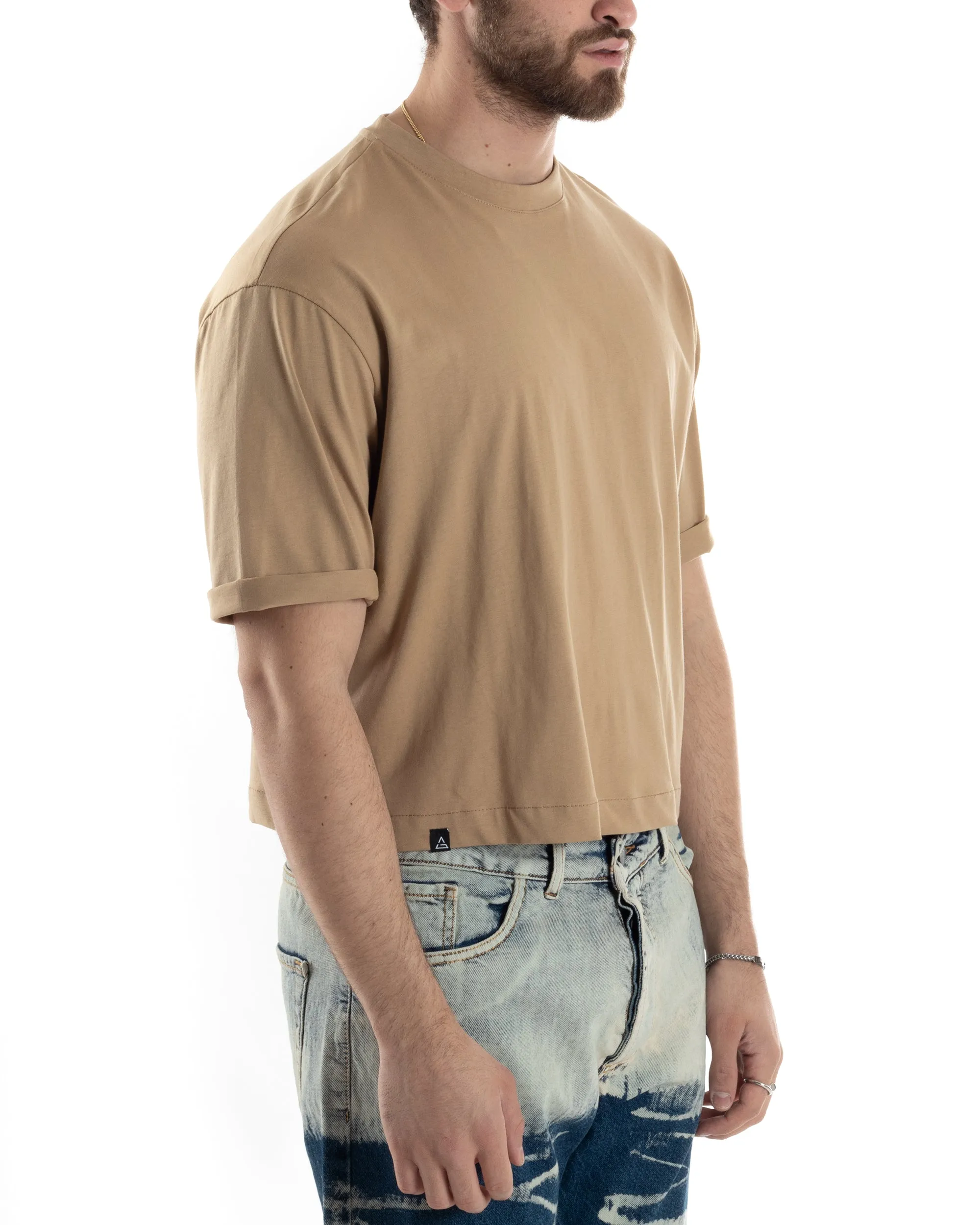 T-shirt Uomo Cropped Corta Boxy Fit Tinta Unita Camel Casual GIOSAL-TS3009A