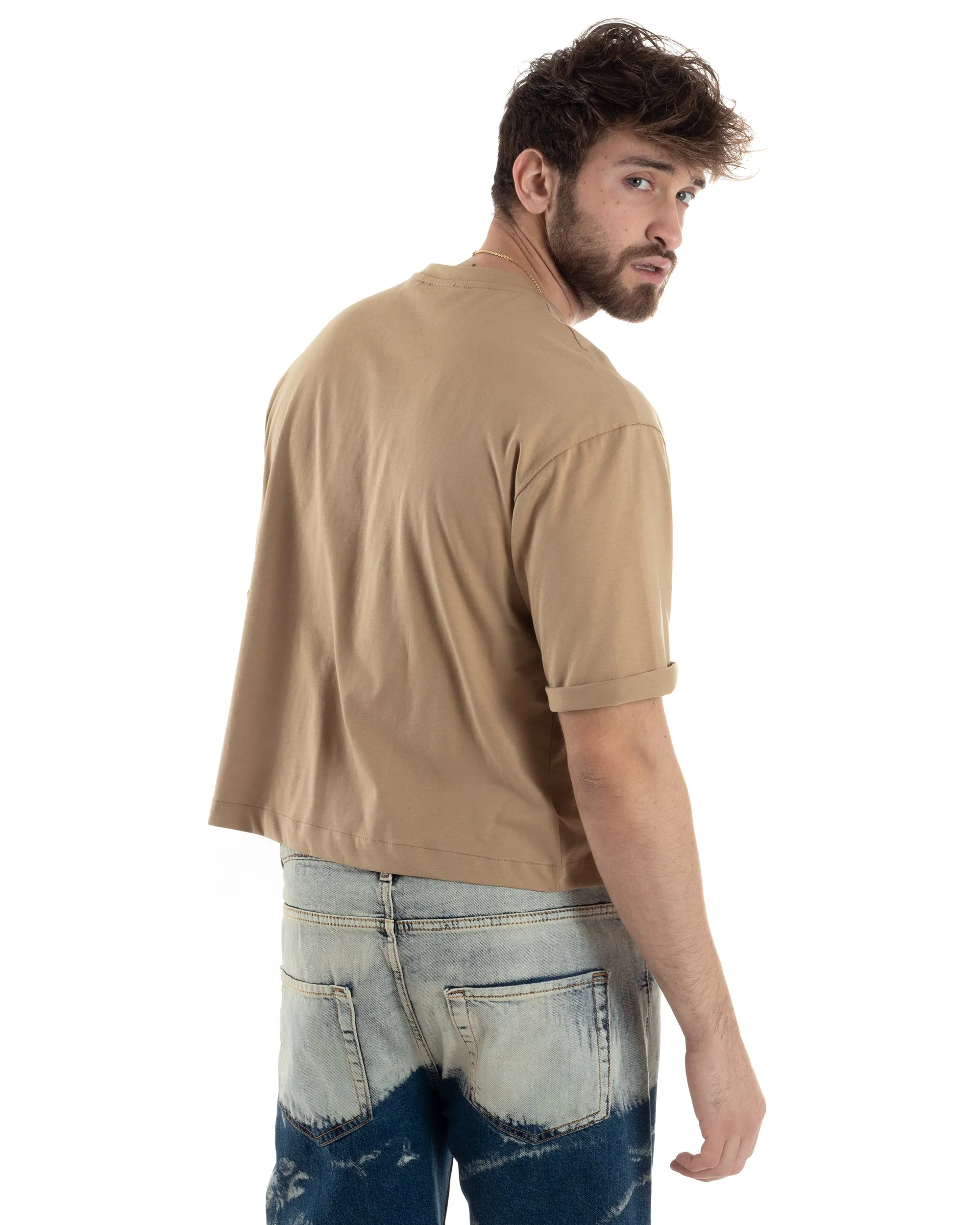 T-shirt Uomo Cropped Corta Boxy Fit Tinta Unita Camel Casual GIOSAL-TS3009A