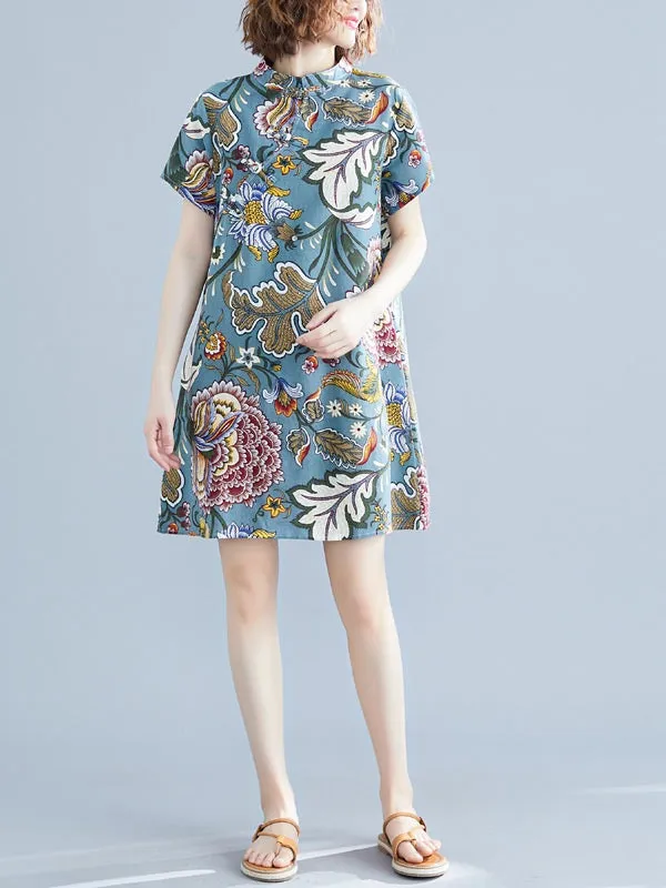 Tamarind Plus Size Blue Paisley Cheongsam Qipao Casual Work Office Chinese New Year Oriental Short Sleeve Dress