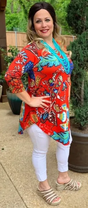 Tangerine Floral Scoop Tunic Top