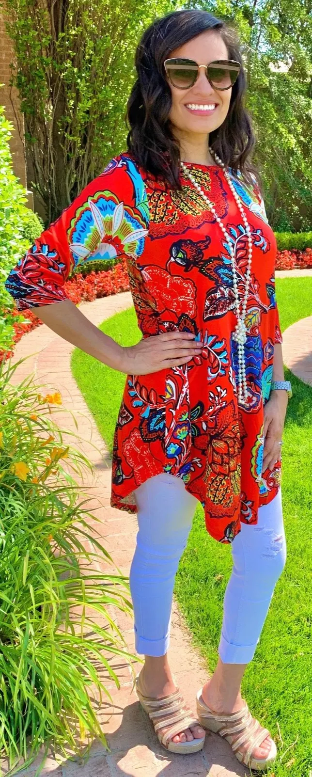 Tangerine Floral Scoop Tunic Top