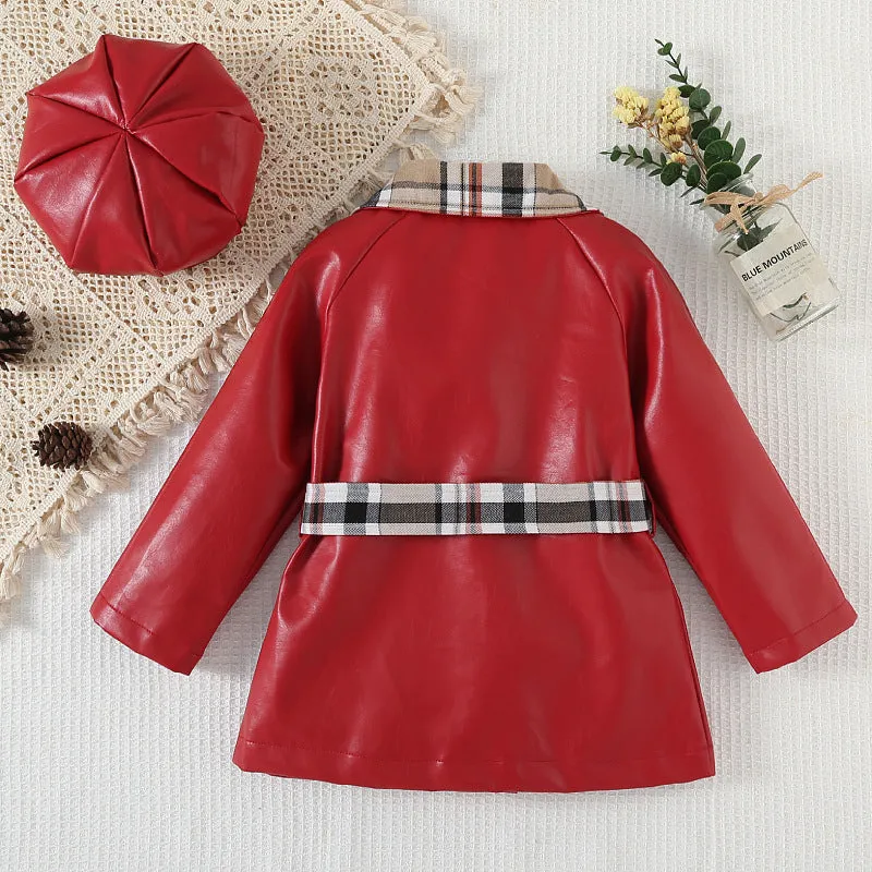 Toddler Kids Solid Color Plaid Stitching Double-breasted PU Leather Coat