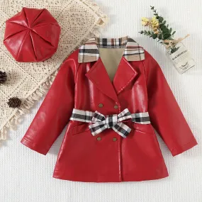 Toddler Kids Solid Color Plaid Stitching Double-breasted PU Leather Coat