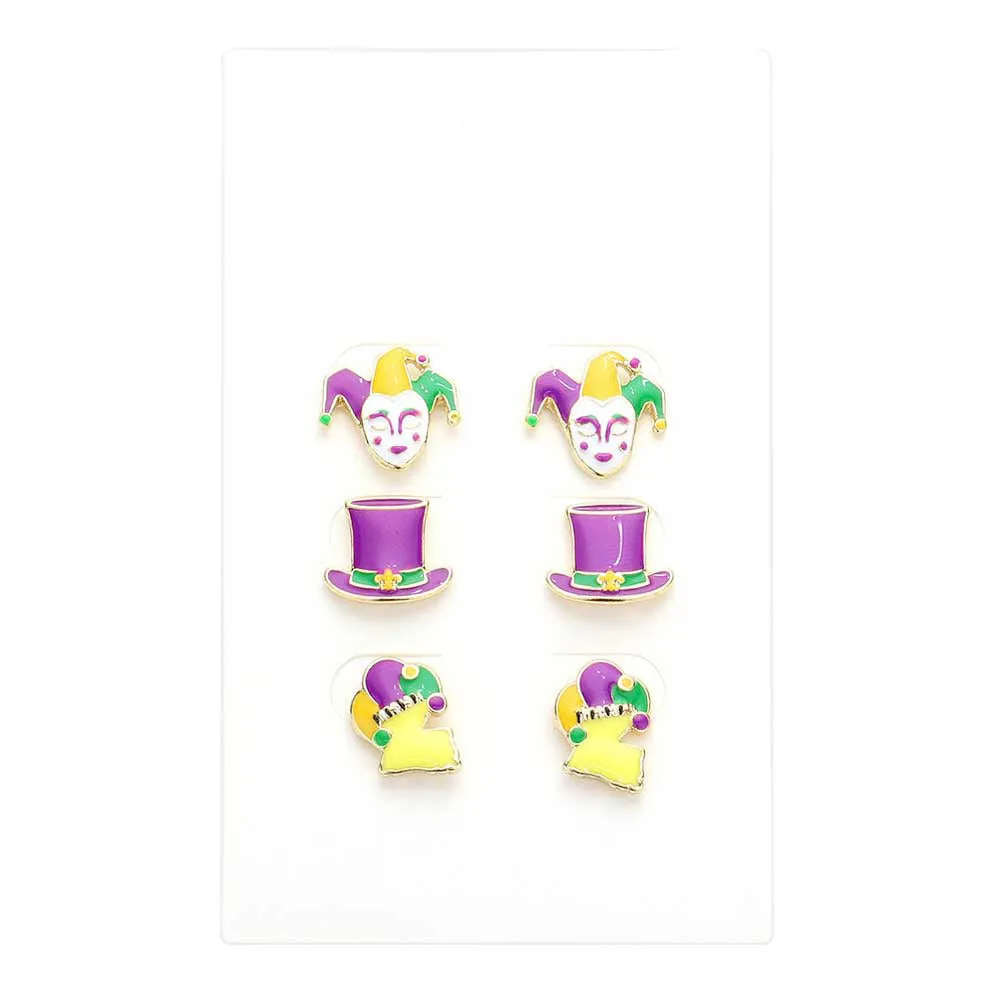 Trio Mardi Gras Mask Hat Jester Stud Earrings