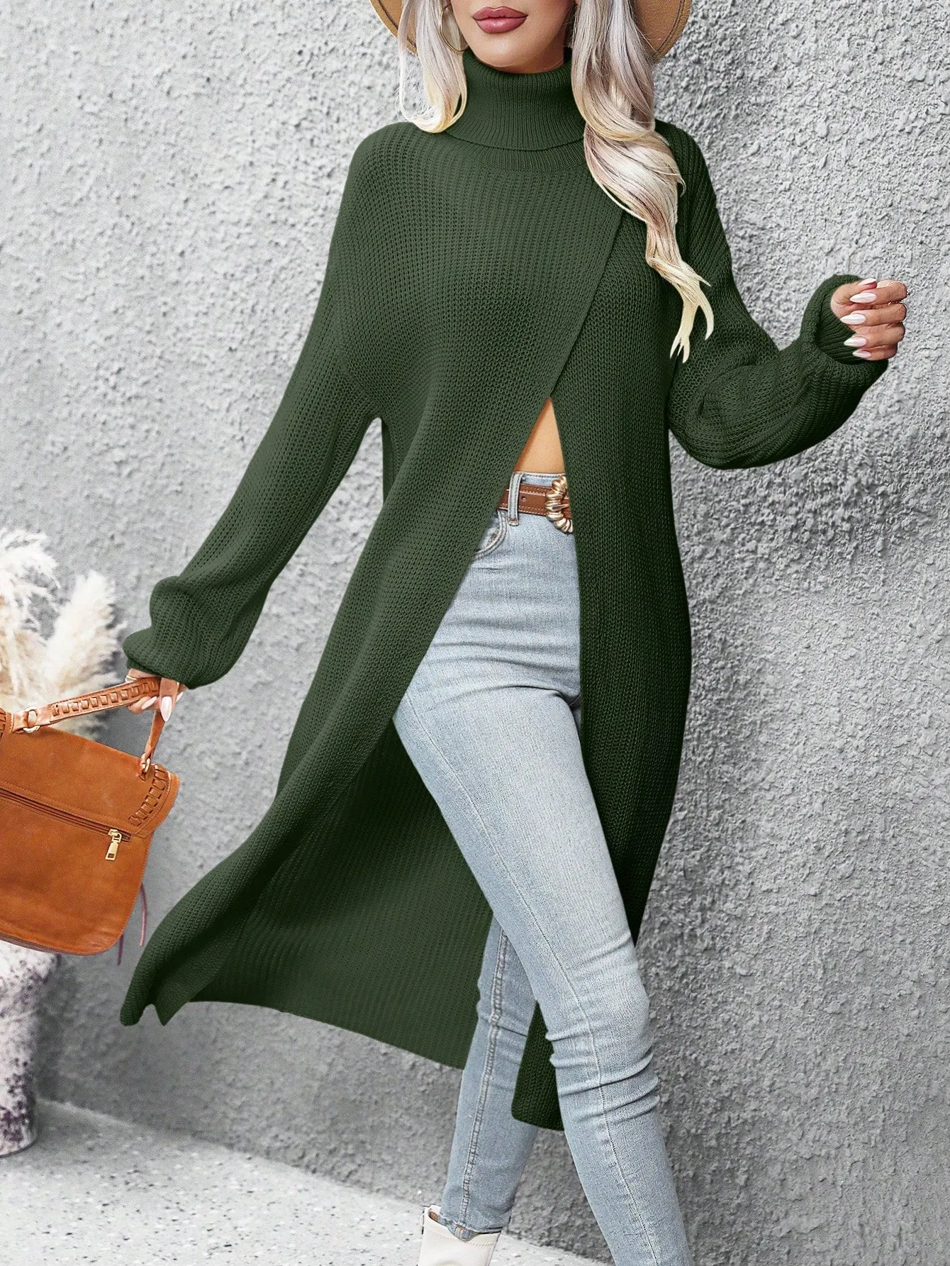 Turtleneck Split Wrap Hem Sweater