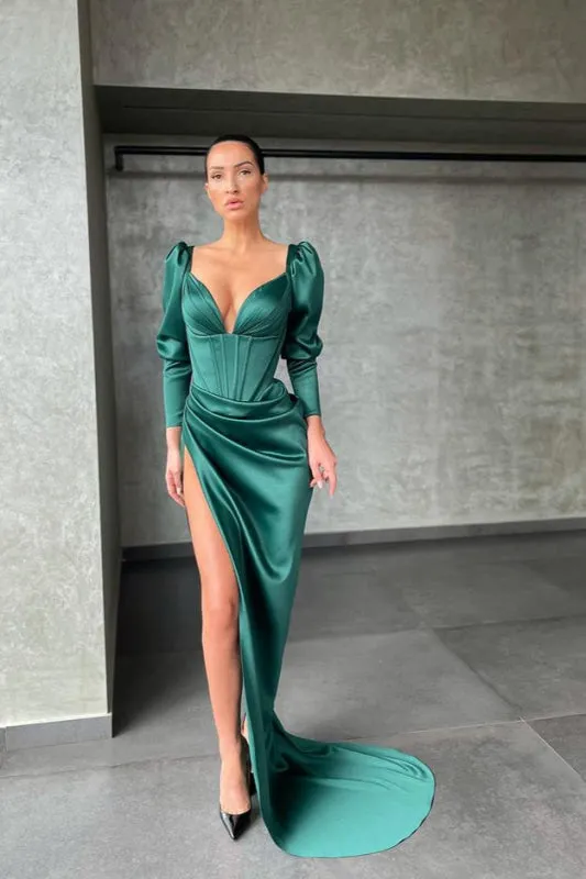 V-Neck Mermaid Prom Dress With Slit Long Sleeves