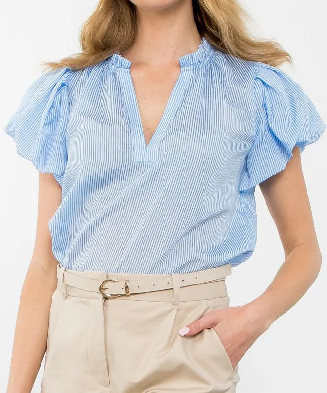 V-Neck Seersucker Stripe Top - Blue