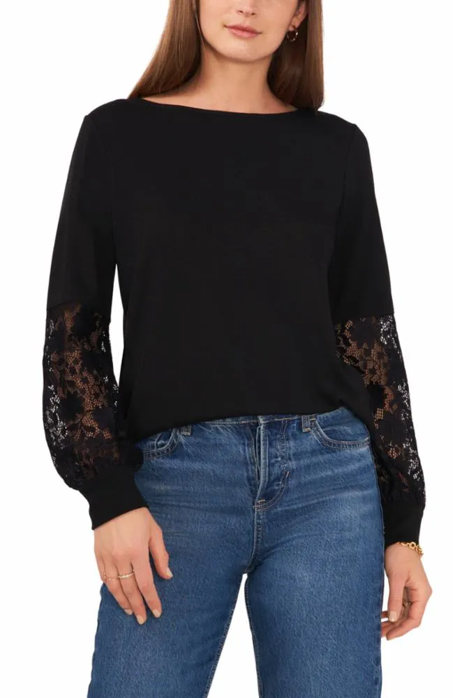 Vince Camuto Apparel BOAT NECK LACE SLEEVE TOP 060/RICH BLACK VC