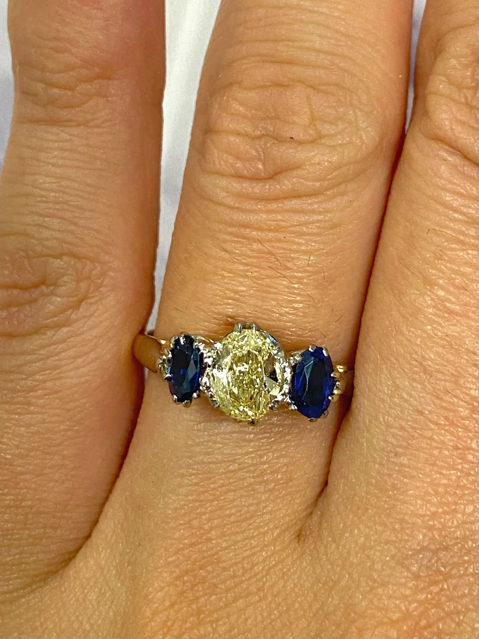 Vintage GIA Canary 1.54ct Yellow OVAL Diamond Sapphire 3 Stone Plat 18k Engagement Ring