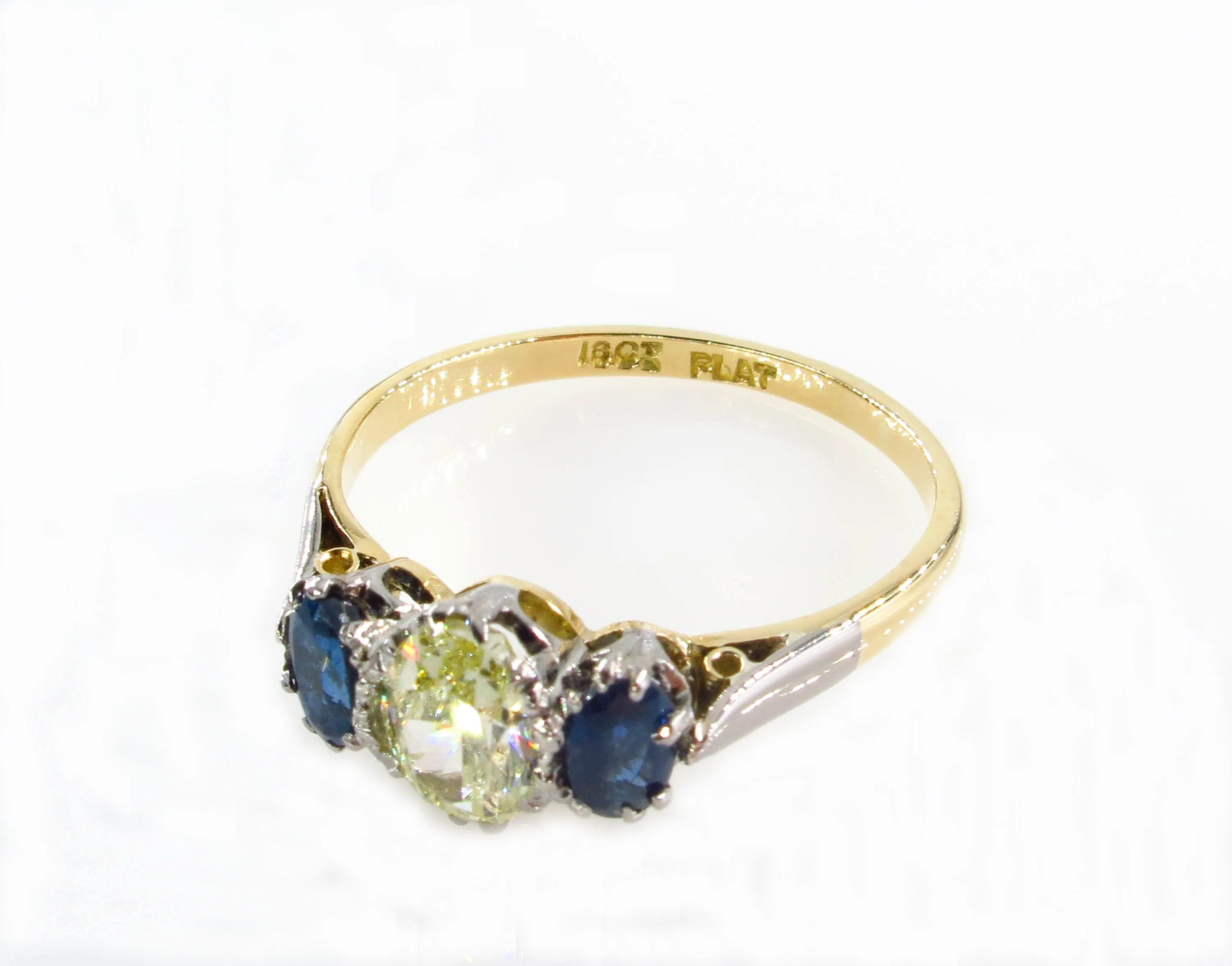 Vintage GIA Canary 1.54ct Yellow OVAL Diamond Sapphire 3 Stone Plat 18k Engagement Ring