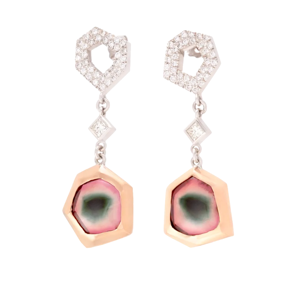 Watermelon Tourmaline Slice & Diamond Drop Earrings