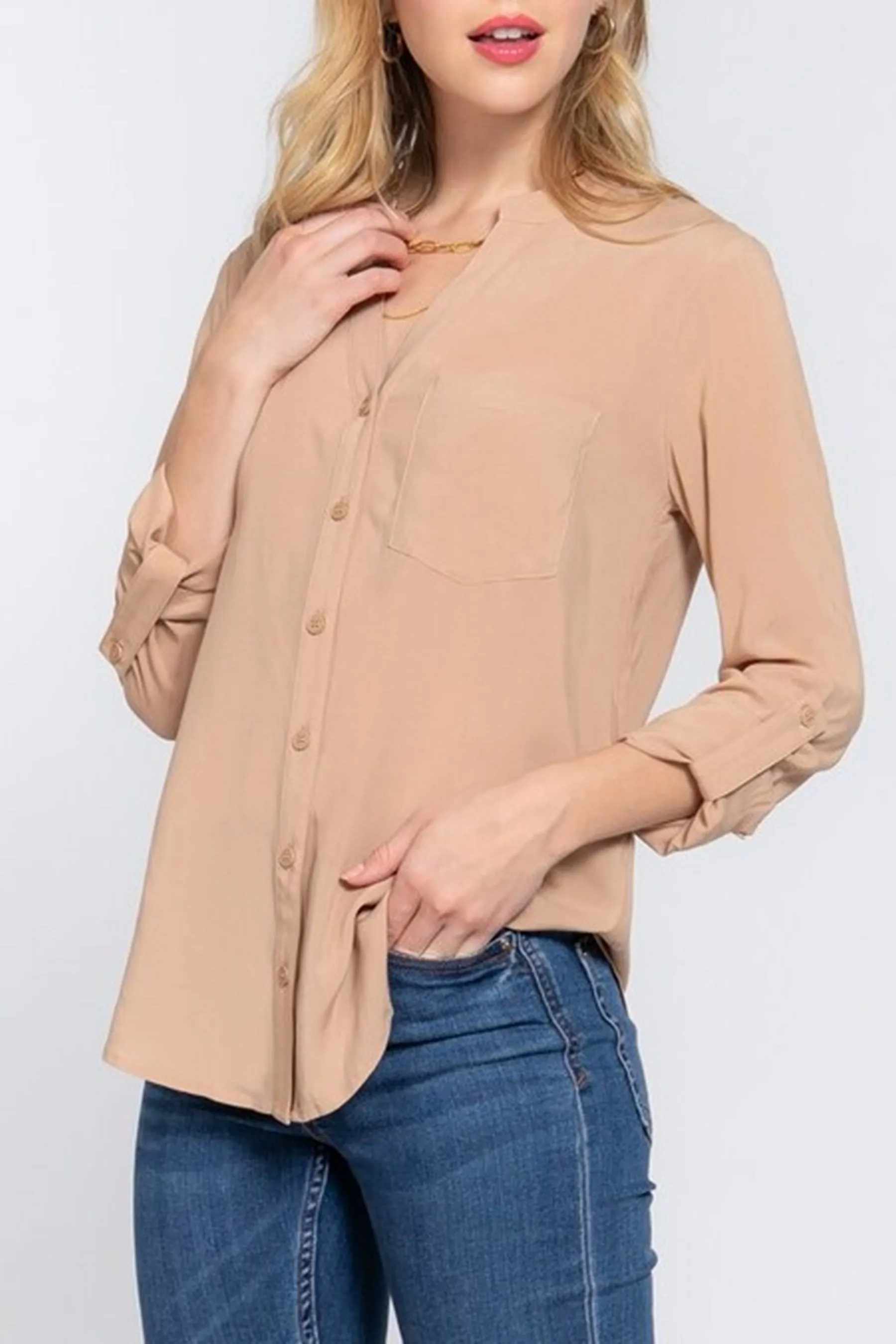 Women's Casual Long Sleeve Split Round Neck Button Down Shirt