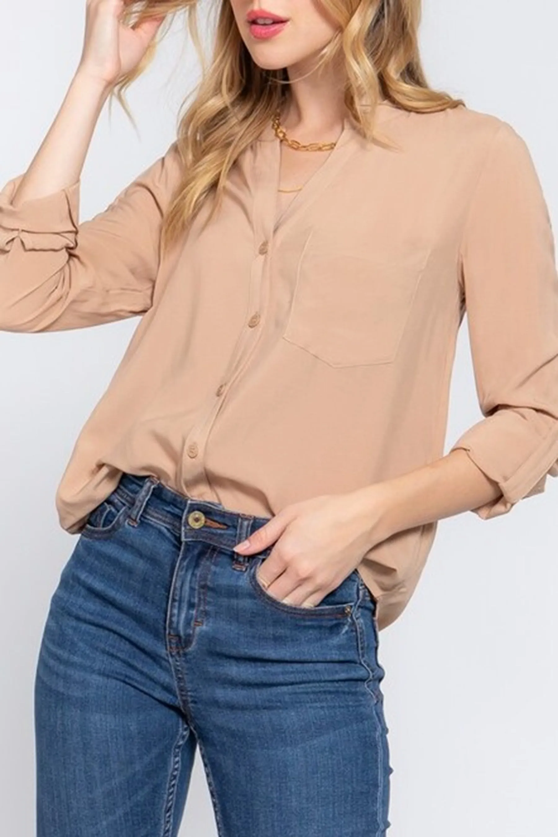 Women's Casual Long Sleeve Split Round Neck Button Down Shirt