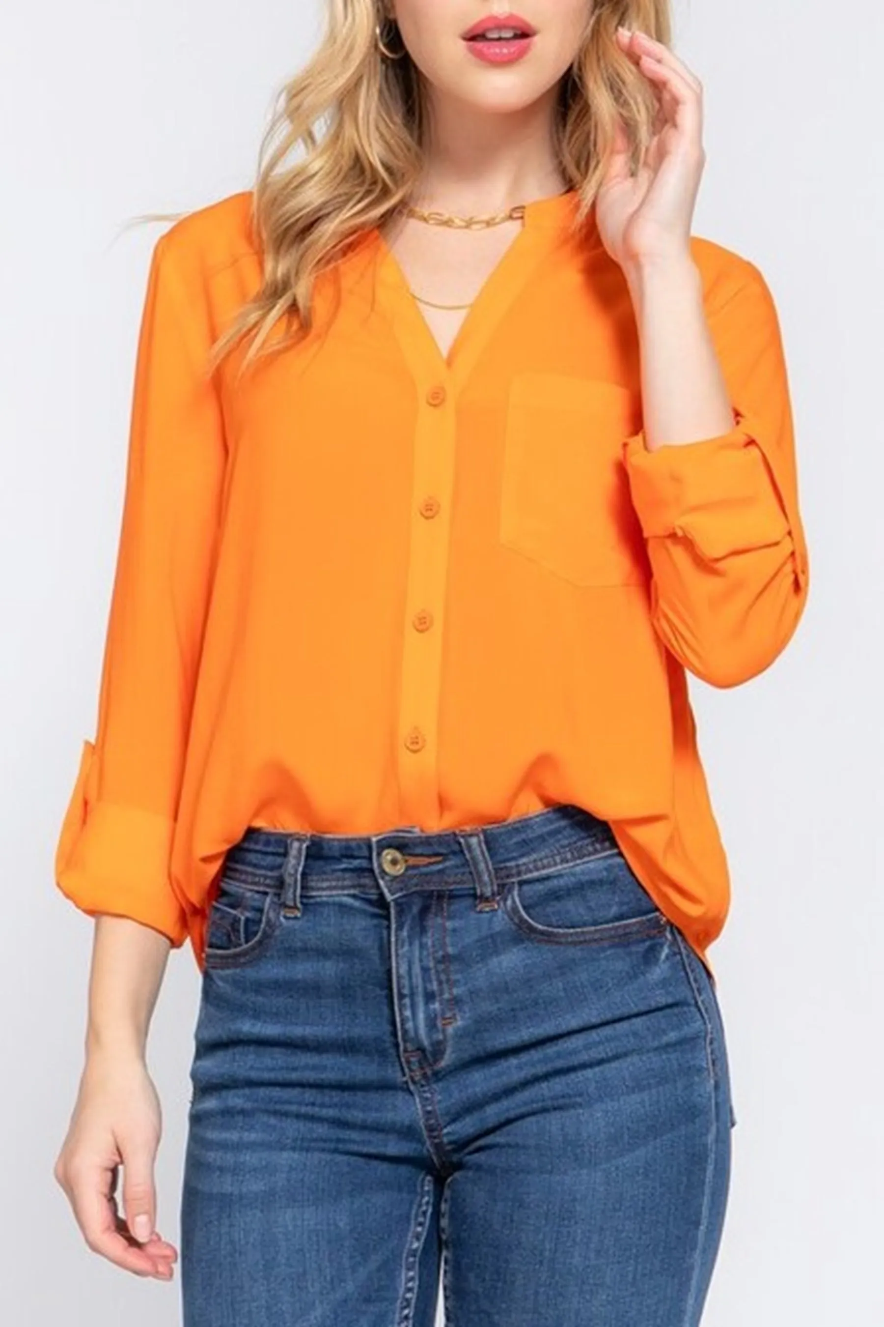 Women's Casual Long Sleeve Split Round Neck Button Down Shirt