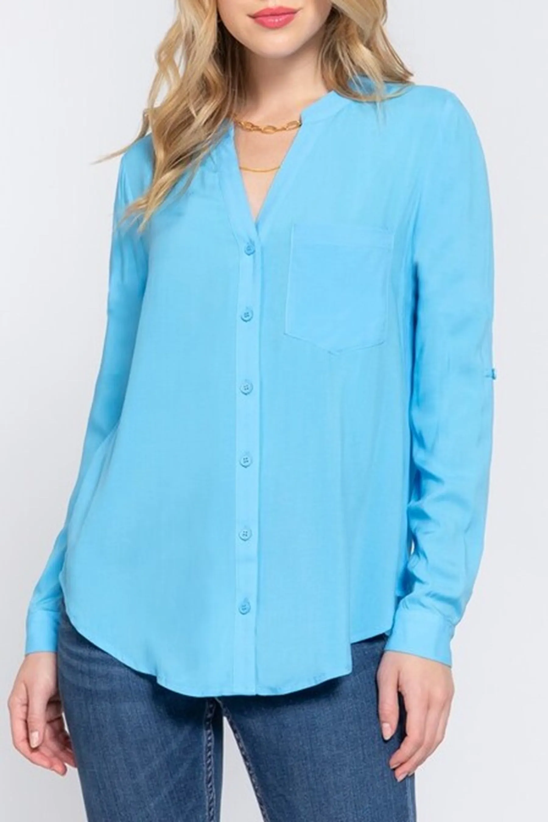 Women's Casual Long Sleeve Split Round Neck Button Down Shirt