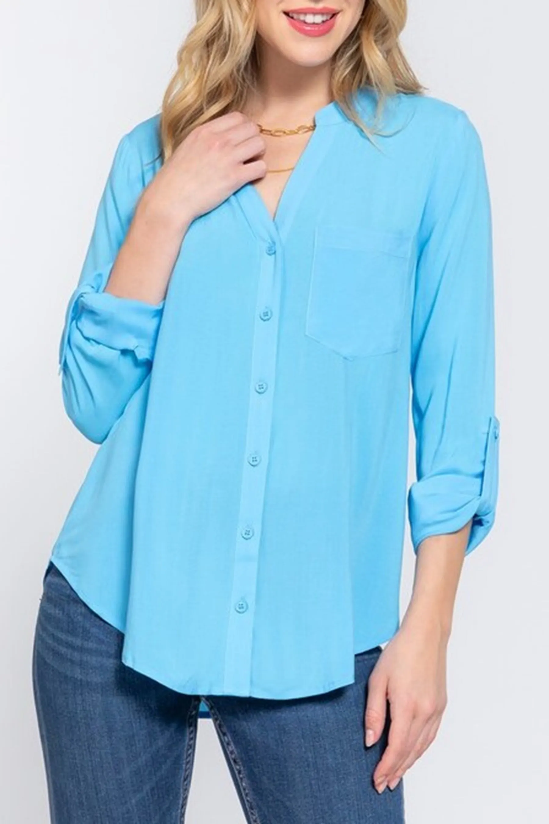 Women's Casual Long Sleeve Split Round Neck Button Down Shirt