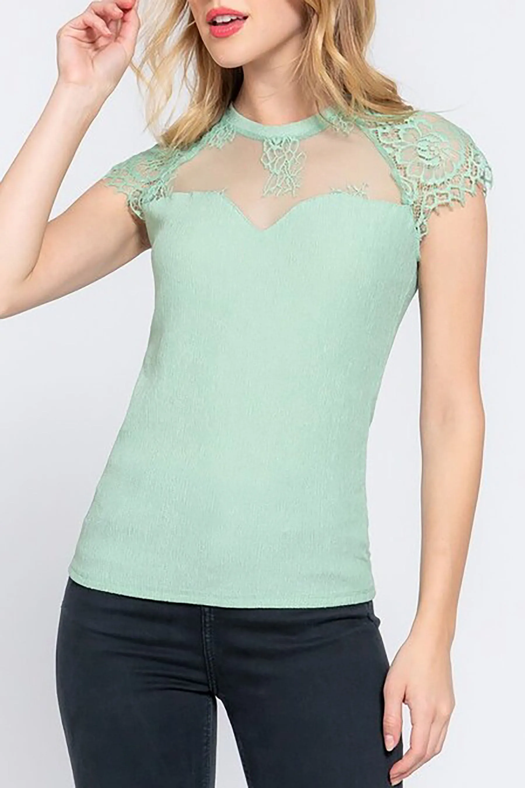 Women's Lace Ruffle Sleeve Texture Knit Top