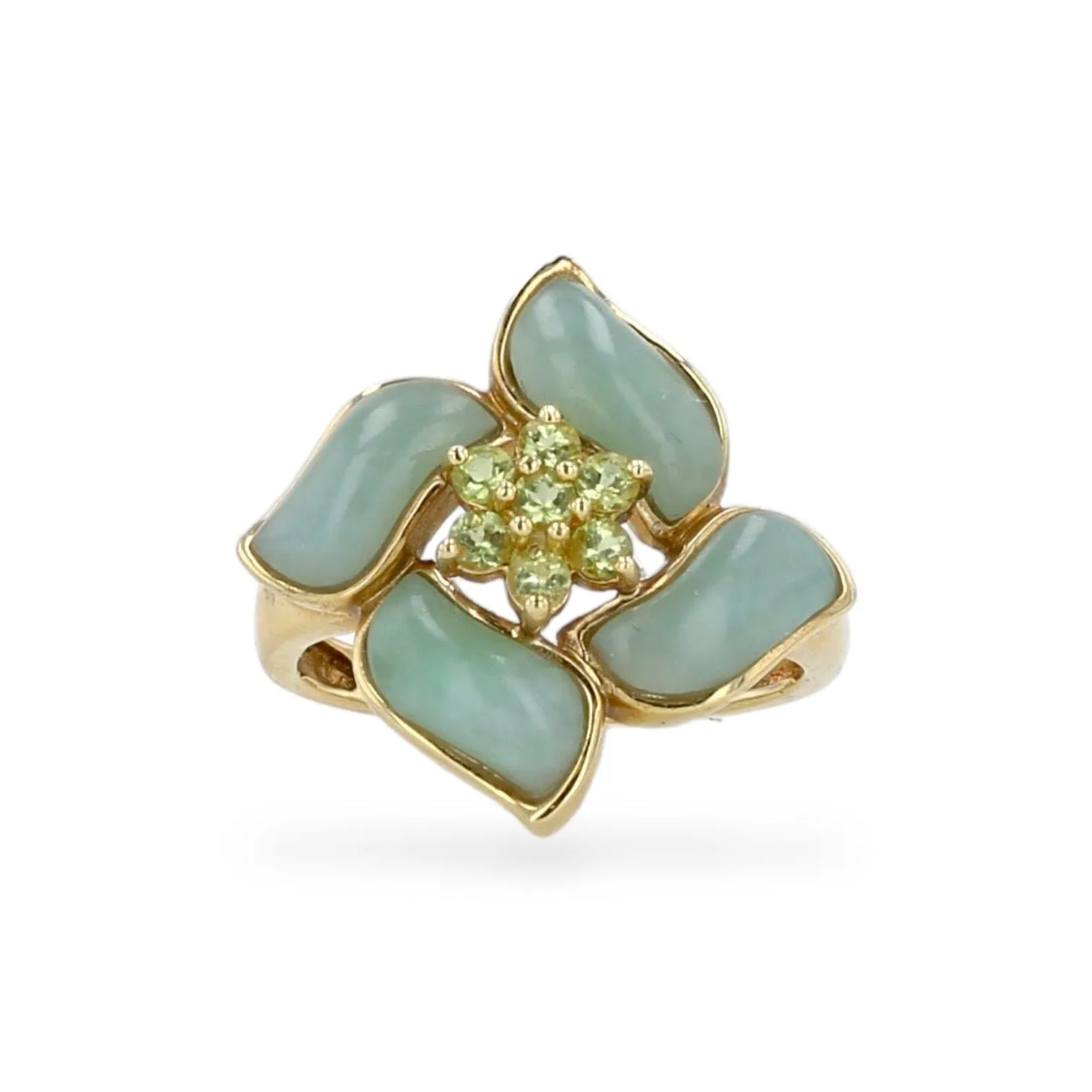 Yellow 14k gold jade flower ring