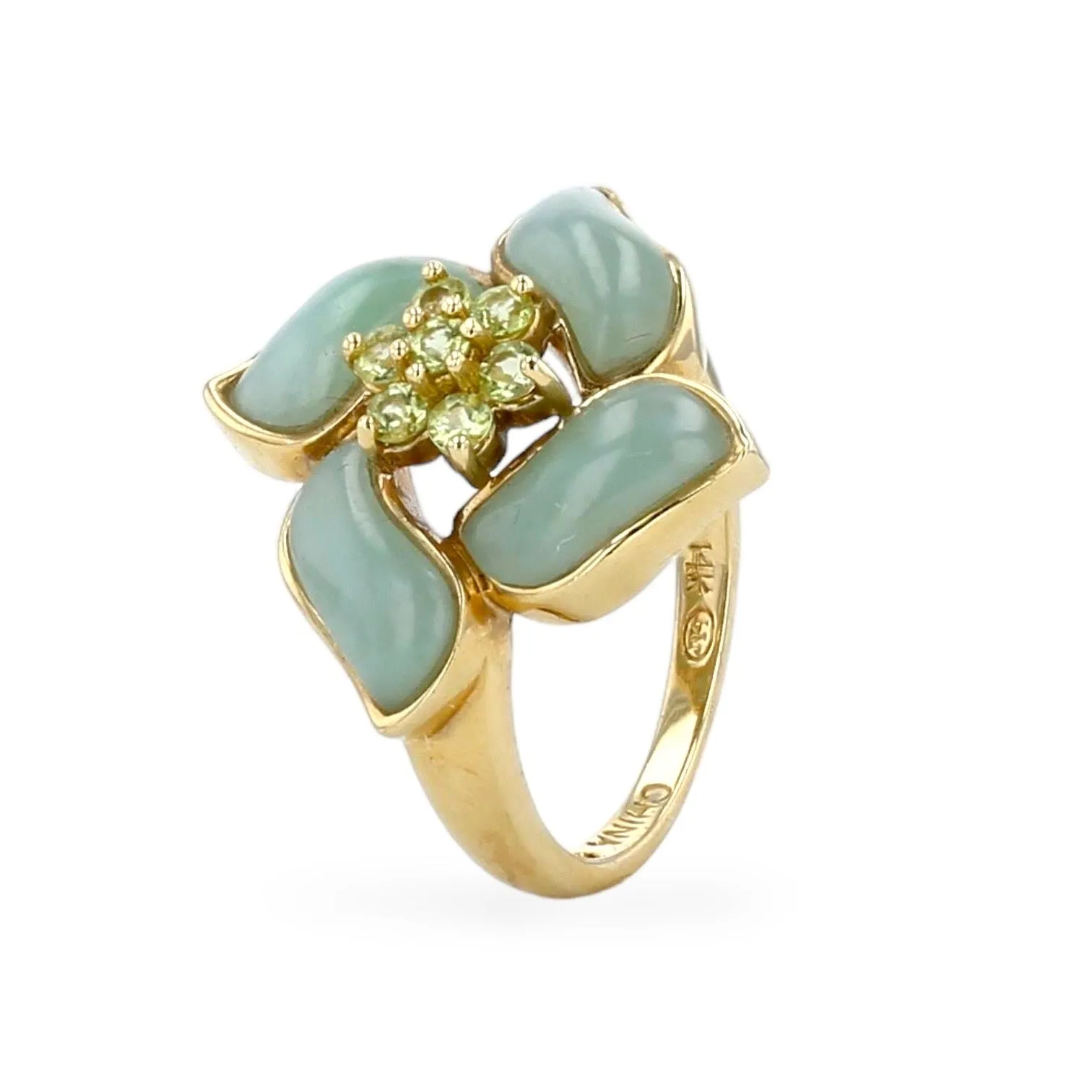 Yellow 14k gold jade flower ring